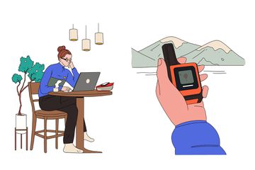 Two illustrations one showing a woman at a computer and the other a tracking device.
