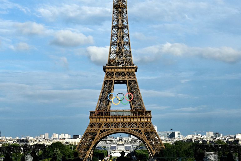 The Eiffel Tower with the Olympic rings installed for the Paris 2024 games