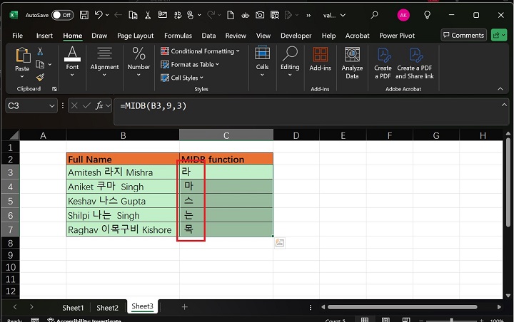 MIDB Function in Excel 2