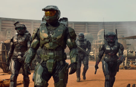 Pablo Schreiber as Master Chief, Kate Kennedy as Kai, Bentley Kalu as Vannak, and Natasha Culzac as Riz in Halo