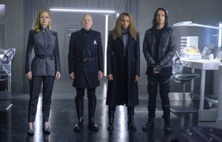 'Star Trek: Picard,' Season 2, - Jeri Ryan as Seven of Nine, Sir Patrick Stewart as Jean-Luc Picard, Michelle Hurd as Raffi, and Evan Evagora as Elnor