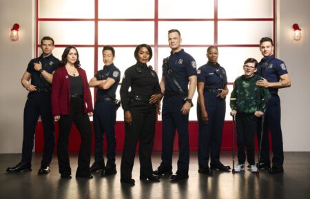 Oliver Stark as Evan 'Buck' Buckley, Jennifer Love Hewitt as Maddie Kendall, Kenneth Choi as Howie 'Chimney' Han, Angela Bassett as Athena Grant, Peter Krause as Bobby Nash, Aisha Hinds as Henrietta 'Hen' Wilson, Gavin McHugh as Christopher Diaz, and Ryan Guzman as Eddie Diaz — '9-1-1' Season 7