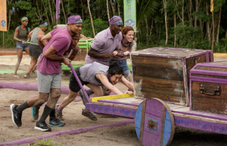 Bhanu Gopal, Tiffany Ervin, Jessica “Jess” Chong, Q Burdette, and Kenzie Veurink compete in the 'Survivor' Season 46 Episode 2 Immunity/Reward Challenge