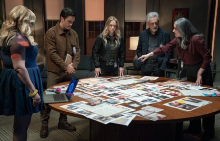 Kirsten Vangsness as Penelope Garcia, Ryan-James Hatanaka as Tyler Green, A.J. Cook as Jennifer ‘JJ’ Jareau, Joe Mantegna as David Rossi and Paget Brewster as Emily Prentiss in 'Criminal Minds: Evolution' Season 17 Episode 1 