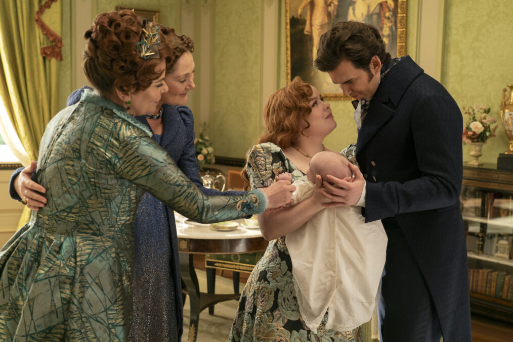 Polly Walker as Lady Portia Featherington, Ruth Gemmell as Lady Violet Bridgerton, Nicola Coughlan as Penelope Featherington, Luke Newton as Colin Bridgerton in Episode 308 of 'Bridgerton.'