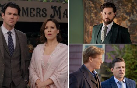 Kevin McGarry as Nathan and Erin Krakow as Elizabeth, Chris McNally as Lucas, and Jack Wagner as Bill and Kavan Smith as Lee in 'When Calls the Heart' Season 11