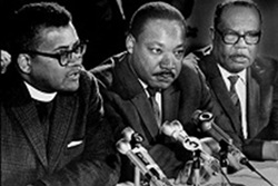 The Rev. James Lawson (left) joins Martin Luther King and Ralph Jackson at a March 1968 press conference. Photo used with permission from the SCLC of California.