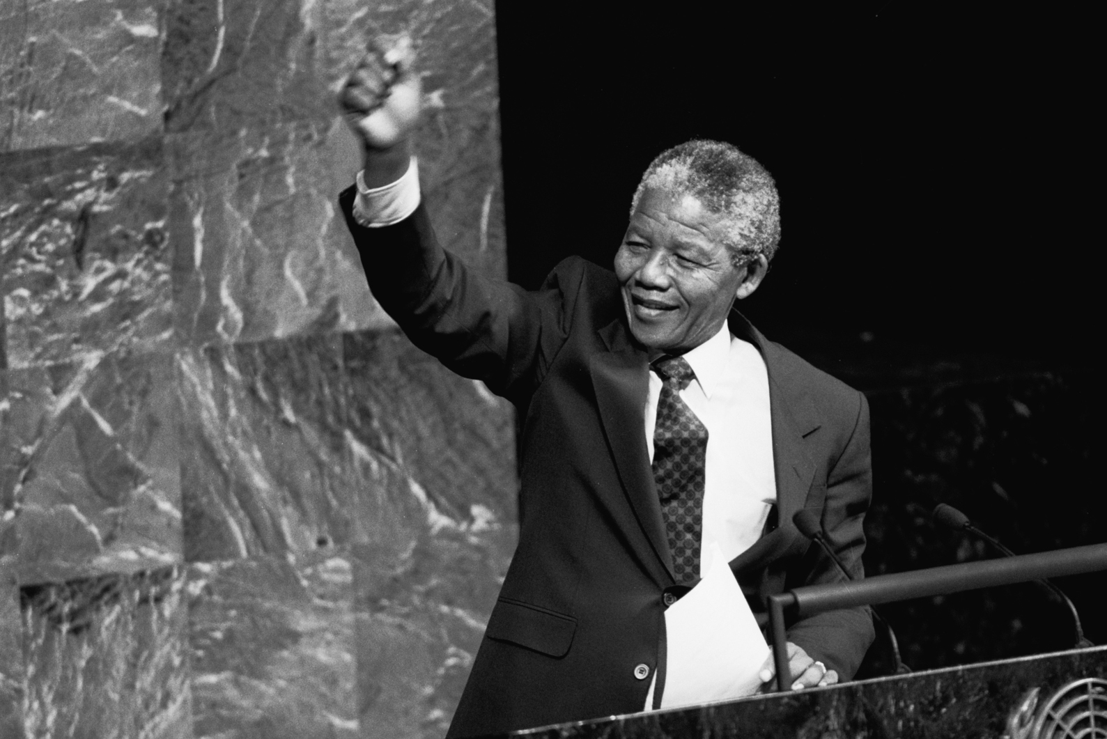 Nelson Mandela, Deputy President of the African National Congress of South Africa, addresses the General Assembly Hall.