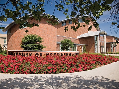 Flowers bloom in front of Van Brunt Visitors Center.