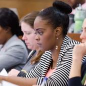 Law students take notes on computer in David Sokolow's class.