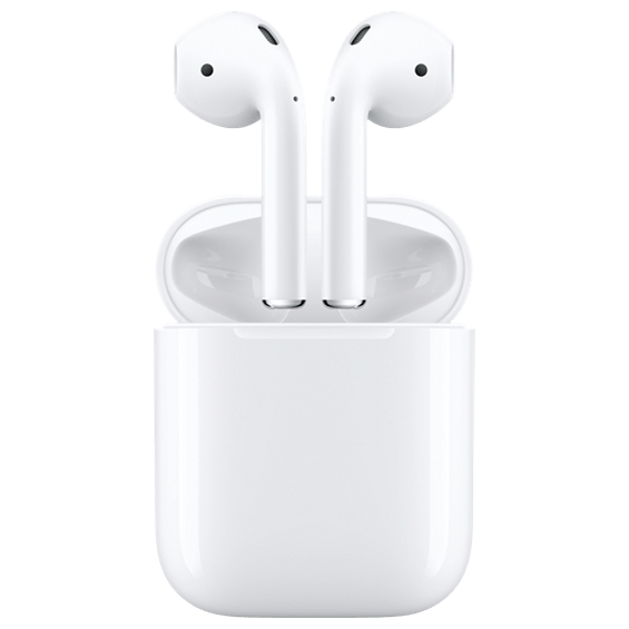 Front view of Apple AirPods (2nd Gen) in charging case.