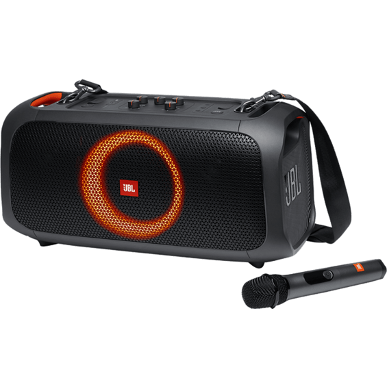 Front view of JBL Party Box On-The-Go with microphone.