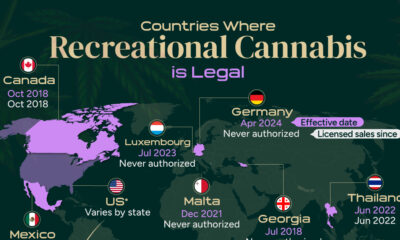 This map shows the countries where recreational cannabis use is allowed as of April 2024.