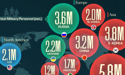 Map showing the world's largest armies in 2024.