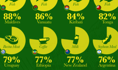 A cropped chart of countries whose agricultural products make up more than 75% of their exports, along with their top agricultural export.