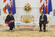 Australian Foreign Minister Marise Payne, left, meets with Cambodian Prime Minister Hun Sen in Phnom Penh, Cambodia, Nov. 8, 2021 (National Television of Cambodia photo via AP Images).